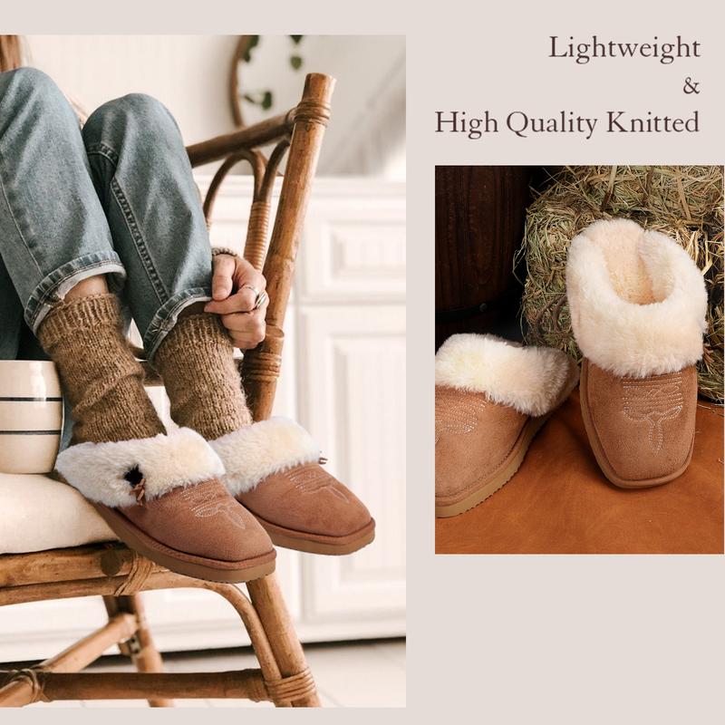 OOW Western Fluffy Slippers for Women with Memory Foam Comfy Houes Cowgirl Boot Slippers for Bedroom Indoor Square Toe Winter Walking Shoes Chestnut
