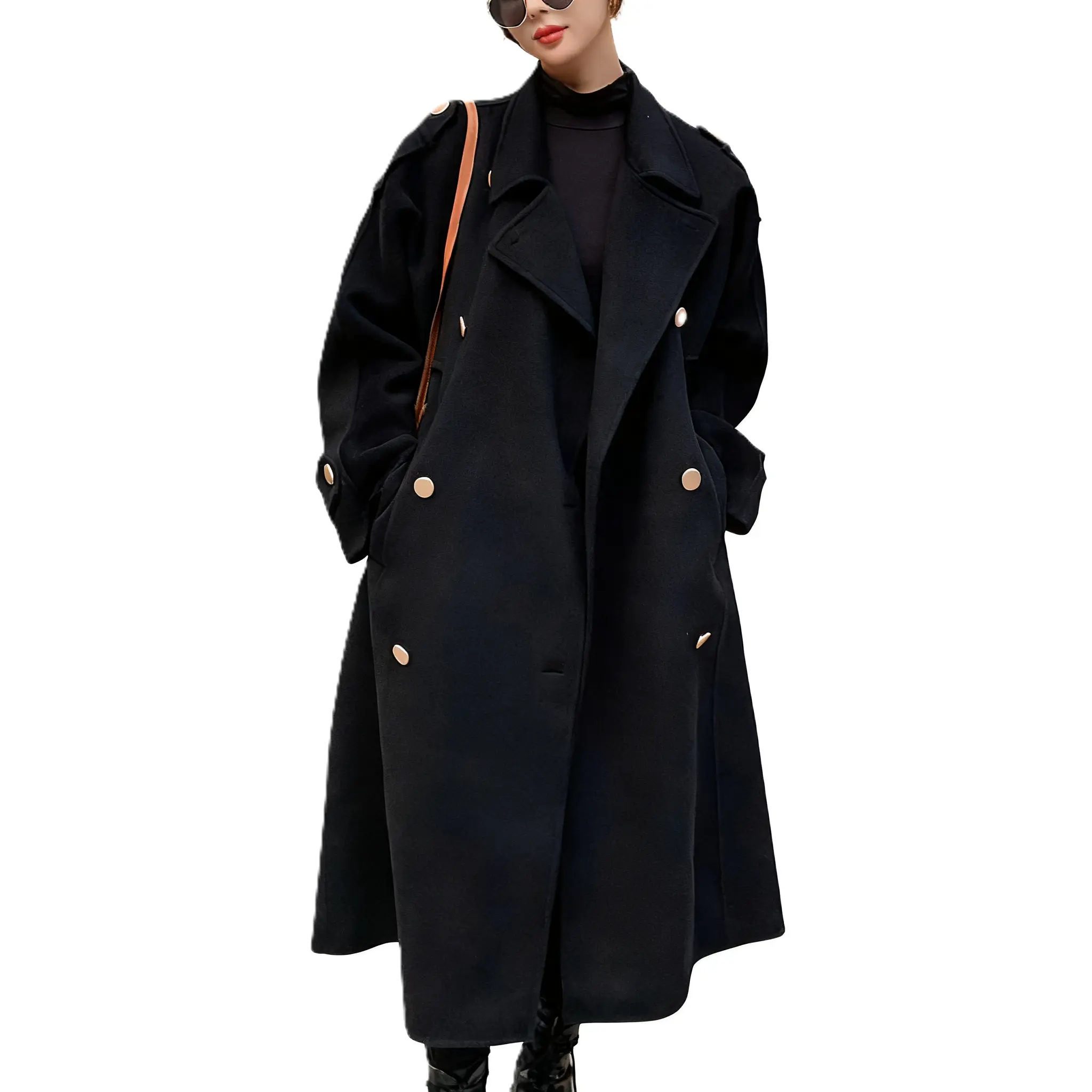 Ebossy Women's Winter Double-Breasted Midi Wool Pea Coat - Notch Lapel, Thermal Lined, Long Sleeve, Loose Fit, Casual Fashionable, Solid Buttons Outerwear, Casual Fashionable Jacket