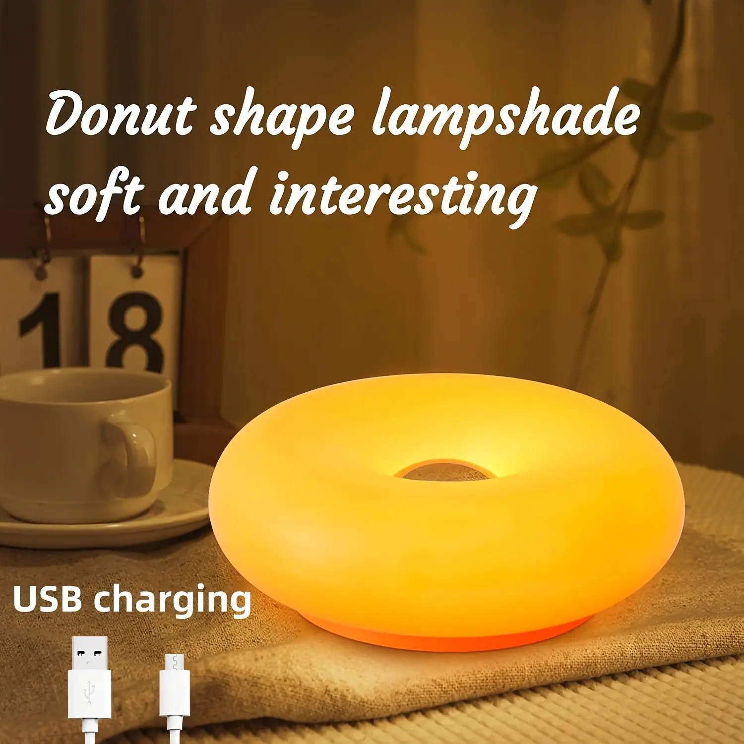Modern Design Donut Table Lamp, LED Bedside Desk Lamp with Durable Shade, Rotomolded Small 3-Color Dimmable Nightstand Lamps (Not Glass) (Orange) dimmable usb