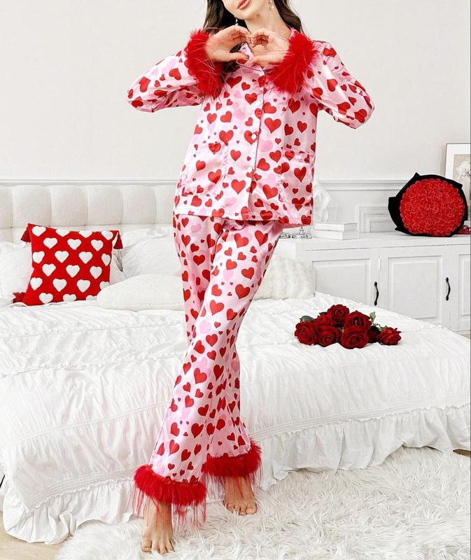 Joviecrown Valentine’s Pajamas Set  Sleepwear for  Matching Homewear Sleepwear  homewear,Pink floral satin pajama set,Romantic & Sweet sets, soft and comfortable daily pajimas, For Her, Best gifts Tree Christmas Family
