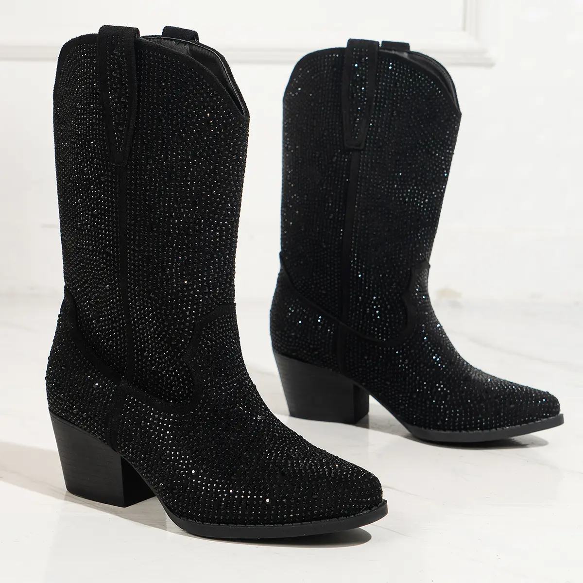 Women's Stylish White Rhinestone Western Booties - Chunky Heel, Pointed Toe Women's Footwear Shoe