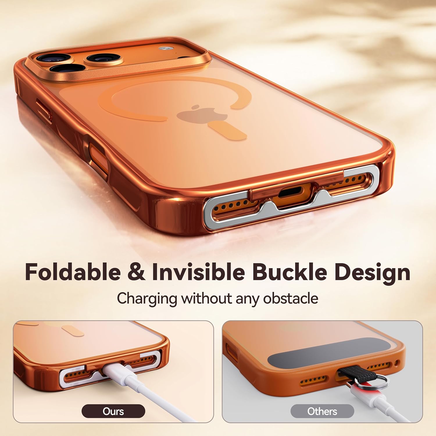 CASEKOO Linkoo 1st Magnetic iPhone 17 Pro Max Case with Foldable Invisible Lanyard Buckle Wrist Strap, Anti-Fall, Aluminum Alloy Lens Protection, Tether Phone Case, Hiking Daily Commute, Glossy Orange