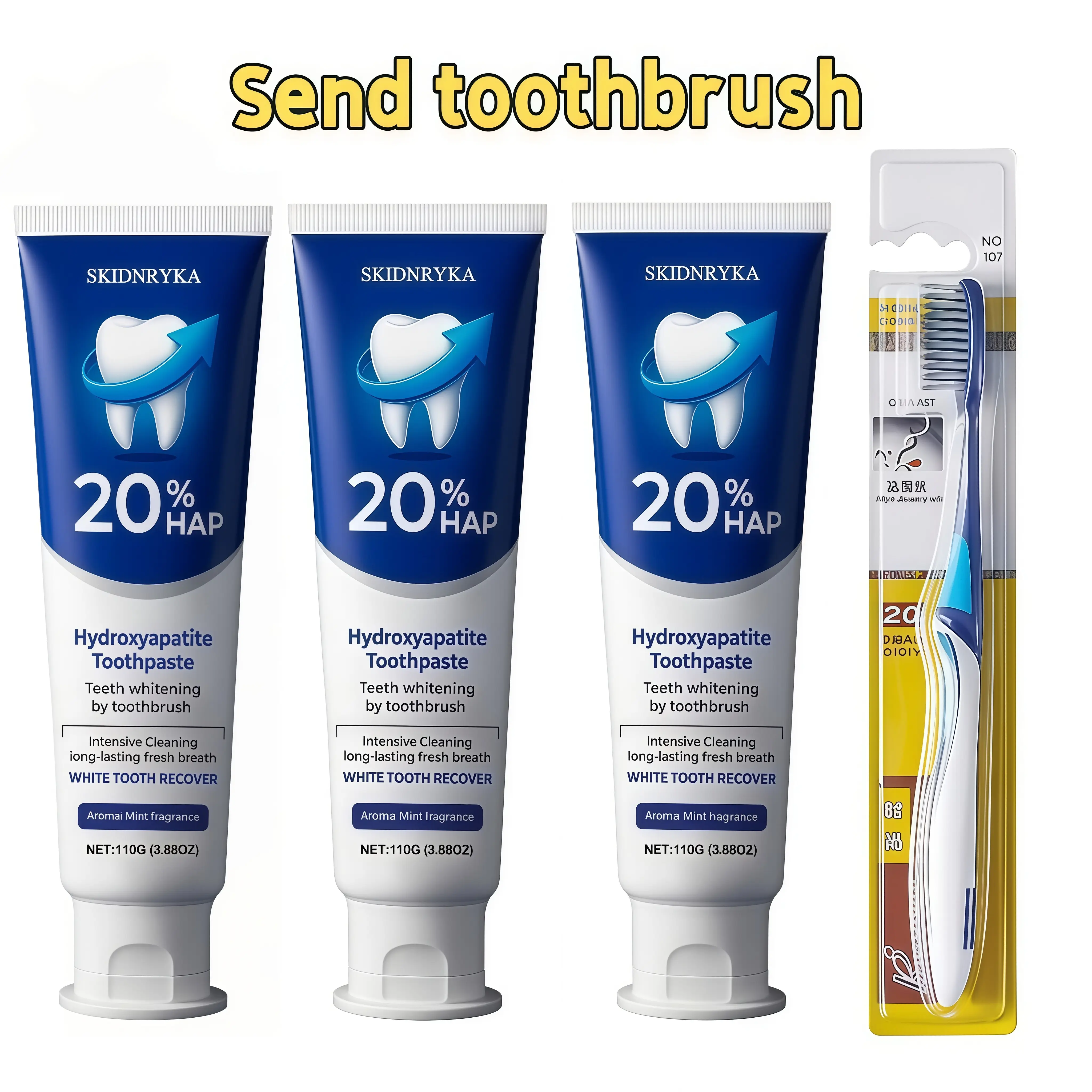 SKIDNRYKA 20% Hydroxyapatite Whitening Toothpaste, deep cleaning for whiter teeth, fresh breath, daily oral care and health, travel portable pack, toothbrush set, best gift, unisex, includes a free toothbrush
