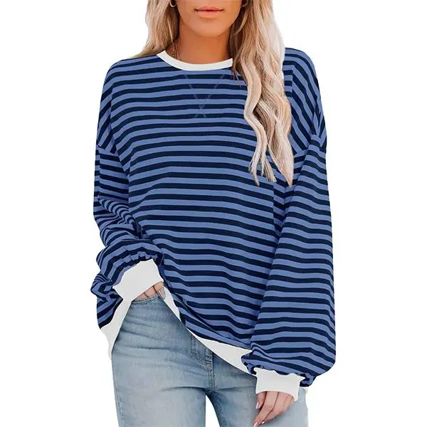 [Clearance] Womens Oversized Striped Sweatshirt Crewneck Classic Color Block Long Sleeve Casual shirt Loose Pullover Tops Fashion Womenswear