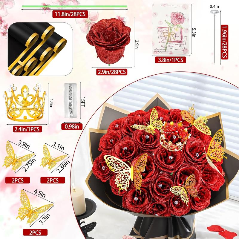 28 Red Glitter Roses Bouquet - Artificial Flowers Bouquet with Diomand Pins,Red Roses DIY Fake Flower Bouquet Kit - Sparkling Flower Arrangement for Valentines Day,Anniversary,Weddings Engagement