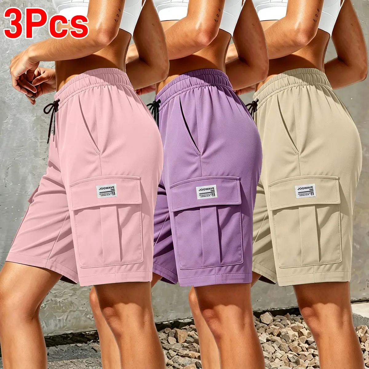 Pack of 3 women’s outdoor cargo shorts—breathable, multi-pocket design, solid color, drawstring elastic waistband; suitable for outdoor sports and casual wear; summer shorts, women’s shorts.  Knee-length, summer wins, summer vibes Womenswear