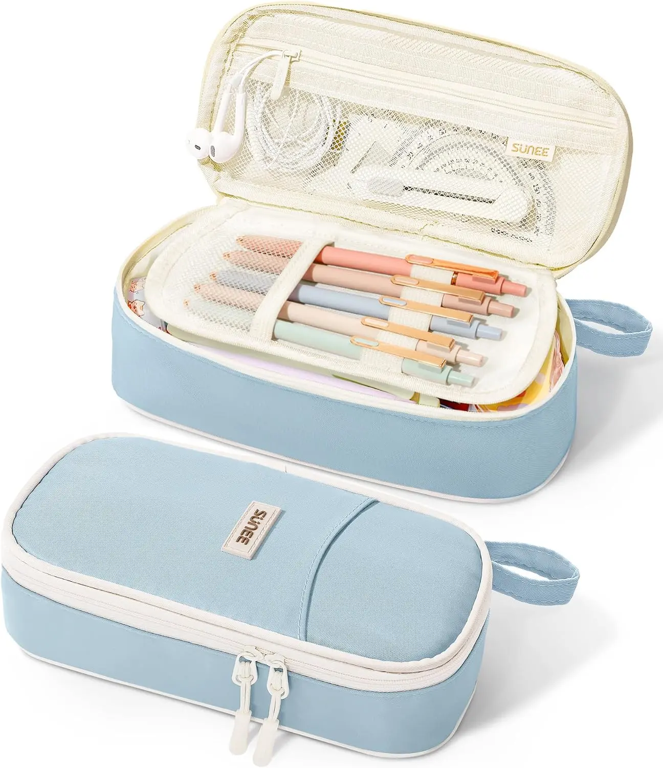 Large Capacity Pencil Case with Zipper, Blue Stationery Pen Pouch Organizer for Pens, Pencils, School, College & Office Supplies