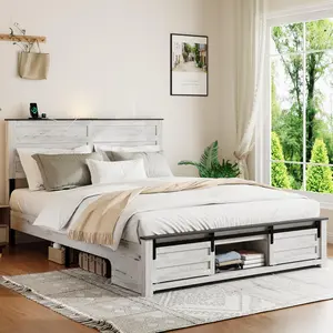 Wooden Queen Size Bed Frame with Headboard, Farmhouse Storage Bedframe with Sliding Barn Door Footboard and Charging Station, Wood Slats, No Box Spring Needed