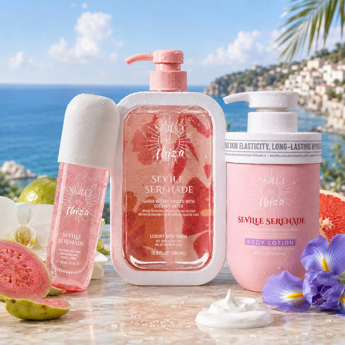 SOLO EN IBIZA Seville Serenade 3-Piece Bath & Body Layering Set, 6.1 fl oz (180ml) Fragrance Mist & 16.9 fl oz (500ml) Body Lotion & 16.9 fl oz (500ml) Body Wash, Long-Lasting Fruity Gourmand Scent