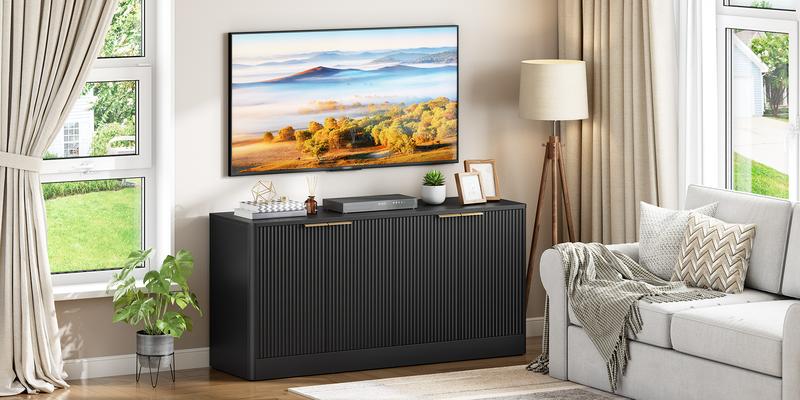 HOOBRO Black Sideboard, Modern Large Buffet Storage Cabinet with Adjustable Shelves, Wave-Patterned Wooden Cabinet for Dining Room Kitchen Living Room, Black