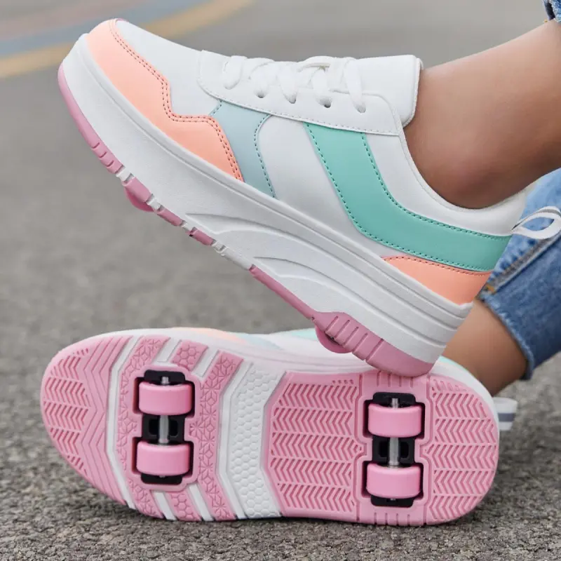 Kids' Detachable Wheeled Roller Skate Shoes - Polyester, Synthetic, Artificial Leather, Cushioned, 2/4-Wheel, Skin-Friendly Mesh, Comfortable Fit, Fashion-Forward Versatile Footwear for Outdoor Fun