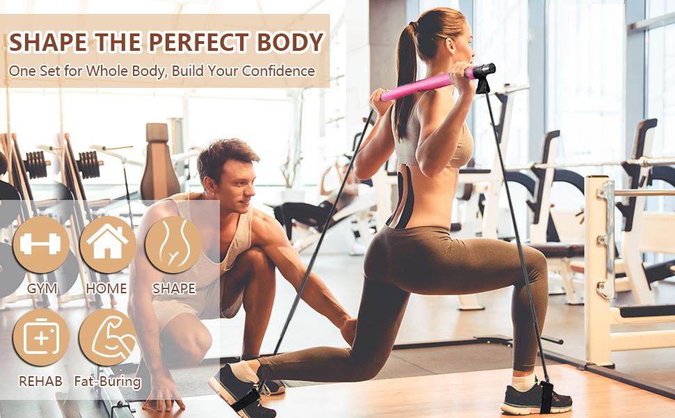 Mother's Day Gifts for Mom- -  Pilates Bar Kit with Resistance Bands,2-Section Pilates Bar with Stackable Bands Workout Equipment for Legs,Hip,Waist and Arm,Exercise Fitness Equipment for Women & Men Home Gym Yoga Pilates