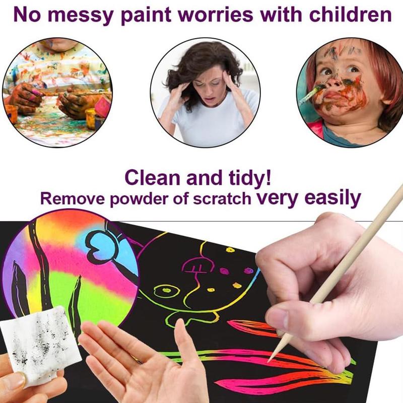 50 Pcs Scratch Art for Kids, Rainbow Scratch Paper, Black Magic Scratch Off Craft Set for 3 4 5 6 7 8 9 10 Years Old Girls and Boys Kids, Party Games Christmas Birthday Easter Gifts