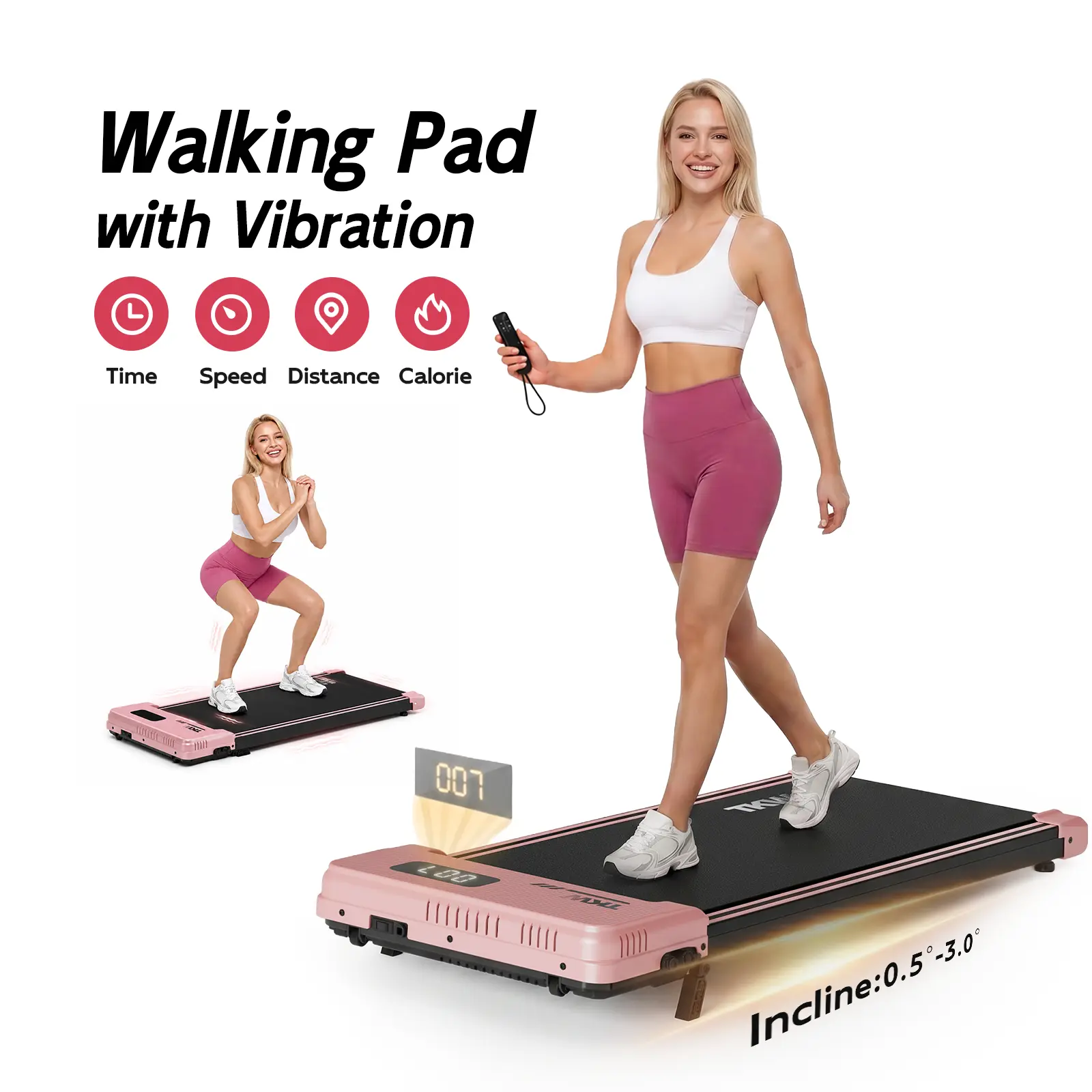 TKW 3-in-1 Treadmill with Vibration Function & Armrests, Portable Quiet Walking Pad for Home & Office, LED Display for Walking & Jogging