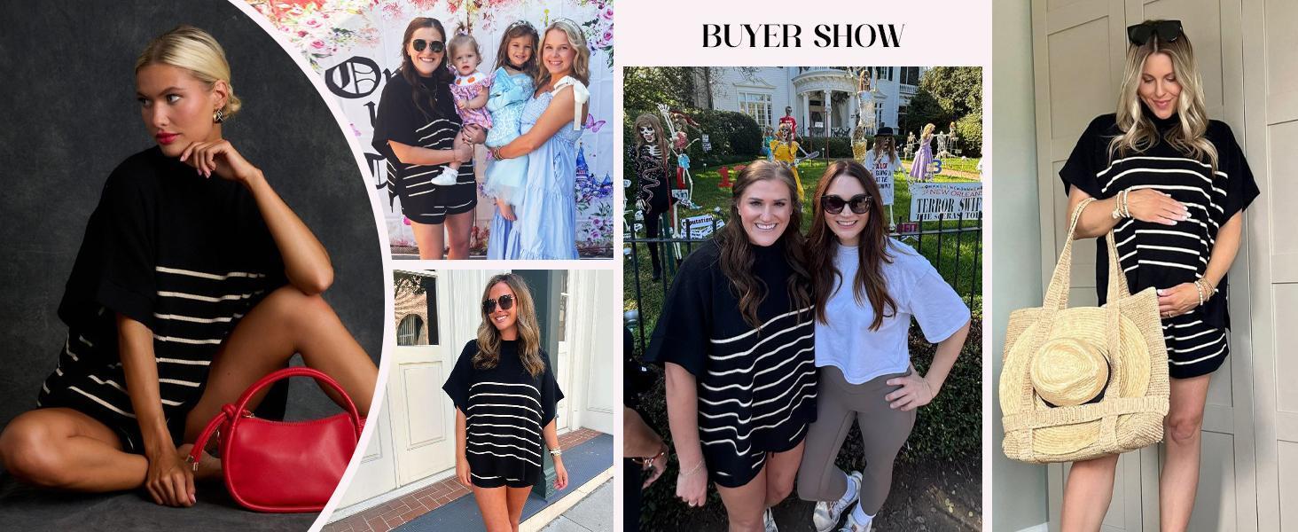 Imily Bela Women's Striped 2 Piece Outfits Oversized Batwing Short Sleeve Tops High Waisted Shorts Summer Knit Lounge Short Sets