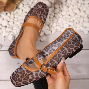 Women's Ballet Shoes Leopard Mesh Shoes Square Toe Buckle Strap Trendy Summer Casual Flats Springfresh