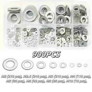 This 890-piece set of 304 stainless steel flat washers includes fender washers and lock washers in sizes M2, M2.5, M3, M4, M5, M6, M8, M10, and M12.-- Greenish Hex Nuts Hardware