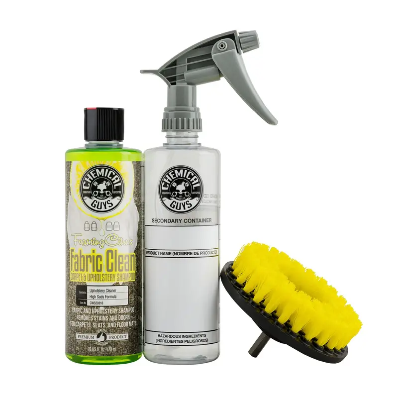 CHEMICAL GUYS 16 fl oz Car Interior Cleaning Kit - Heavy Duty Citrus Foaming Surface Cleaner with Freshener, Foam Action, Drill Brush Attachment, Spray Bottle, Microfiber Towel for Auto Seats Deep Clean, Stain Remover