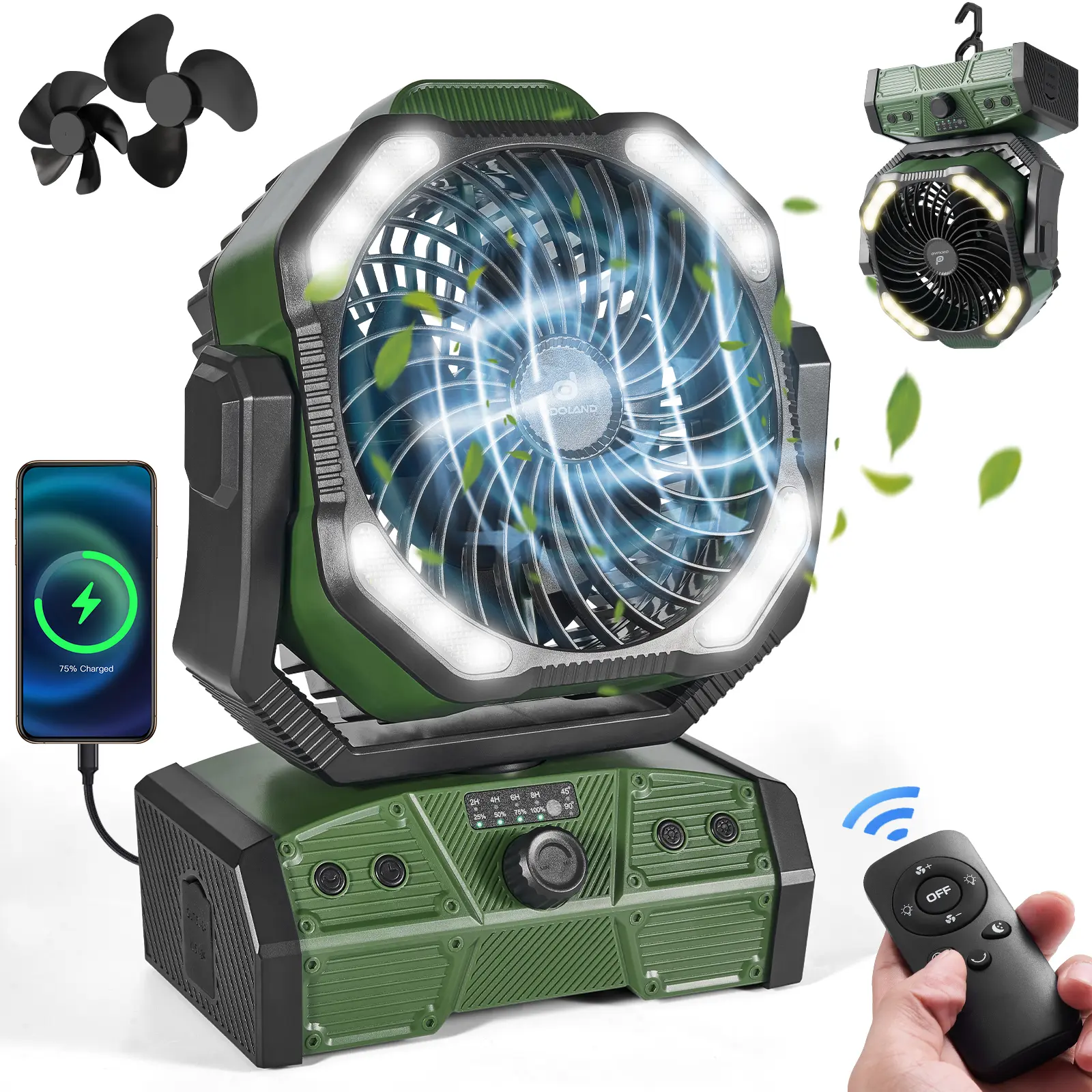 Odoland 40,000mAh Portable Camping Fan with LED Light, Auto-Oscillating Rechargeable Battery Operated Fan with Remote & Hook for Tent, RV, Travel & Emergency Power Outage