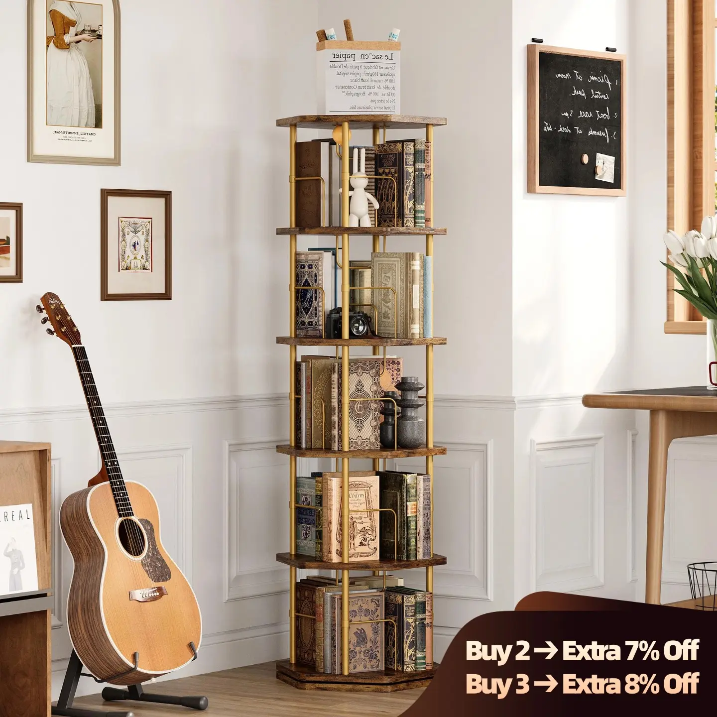 IRONCK 5-Tier 360 Rotating Floor-Standing Bookshelf, Stable Wooden Storage Organizer with 4-Slot Organize, Easy-Setup Spinning Rack for Books, Family & Children Home Display