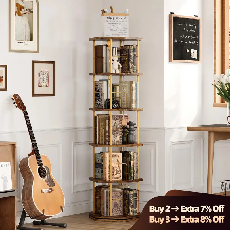 IRONCK 5-Tier 360 Rotating Floor-Standing Bookshelf, Stable Wooden Storage Organizer with 4-Slot Organize, Easy-Setup Spinning Rack for Books, Family & Children Home Display