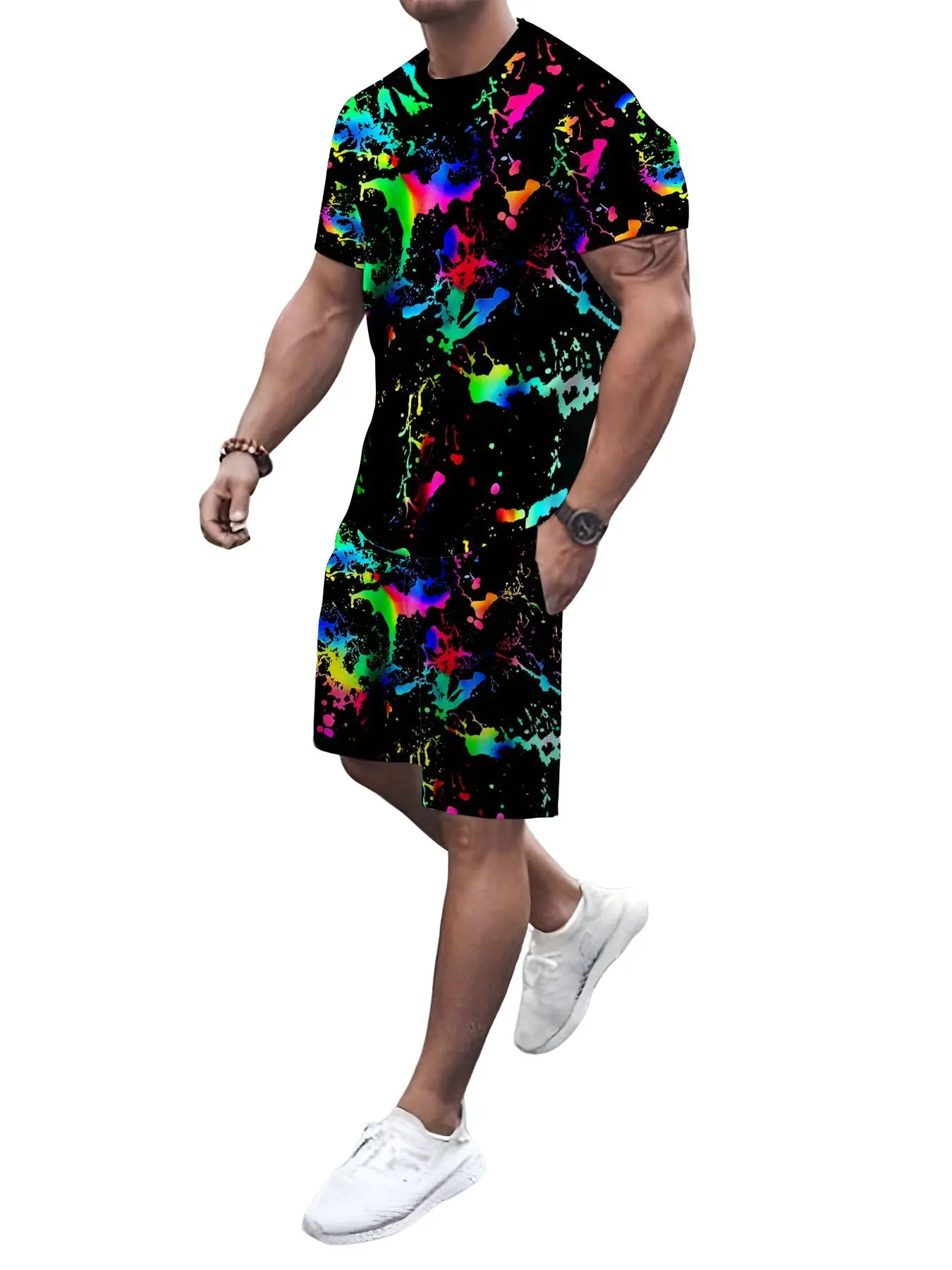 Men's Rainbow Splatter Print Round Neck T-Shirt & Shorts Set, Fashionable Casual, Comfortable Breathable, All Seasons Wear