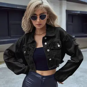 Women's Casual Distressed Cropped Denim Jacket