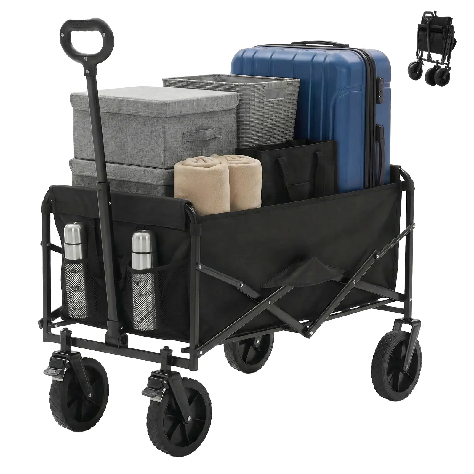 Sweetcrispy Collapsible Folding Wagon Utility Cart for Adults - Oxford Cloth Heavy-Duty Haul Trolley with Quick-Fold Design, 102L Capacity, 330 lbs Load, Wheels, Adjustable Handle, Removable Parts, for Gardening, Household Transport, Camping Gear
