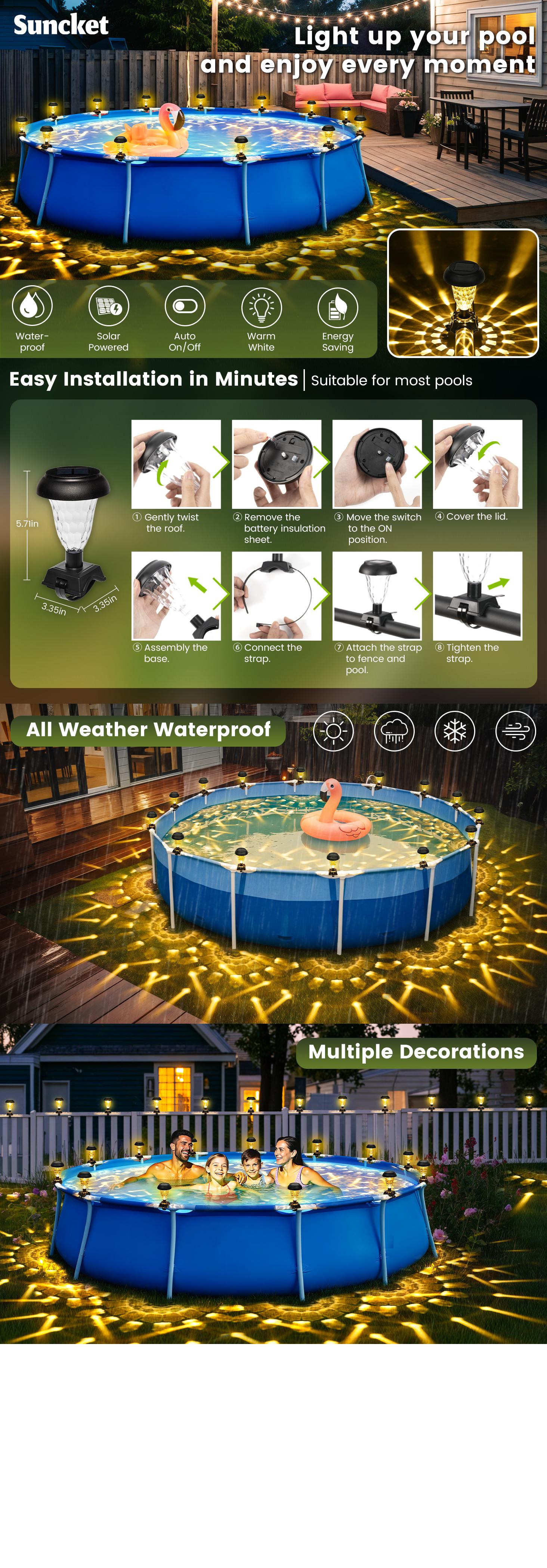 Solar Pool Lights for Framed Above Ground Pools, Waterproof Lights at Night Backyard Pool Accessories, Warm White Light for Frame Swimming Pools