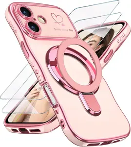 for iPhone 17 Love Heart Kickstand Case with 2X Screen Protector: Luxury Plated Gold Edge Slim Soft TPU Shockproof Protection Case Cover for iPhone 17 pro Max (Pink)