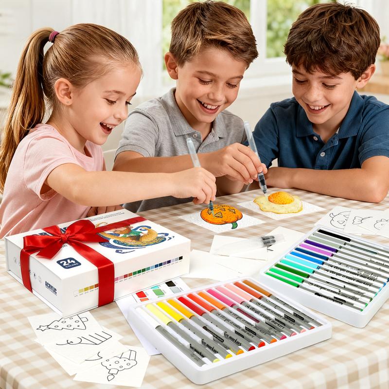 24-Color Acrylic Creative Markers with Brush Tip, Direct Ink Roller System, Layerable, No Bleed, Bold Marks on Light & Dark Surfaces for Drawing, Gifting & Teaching