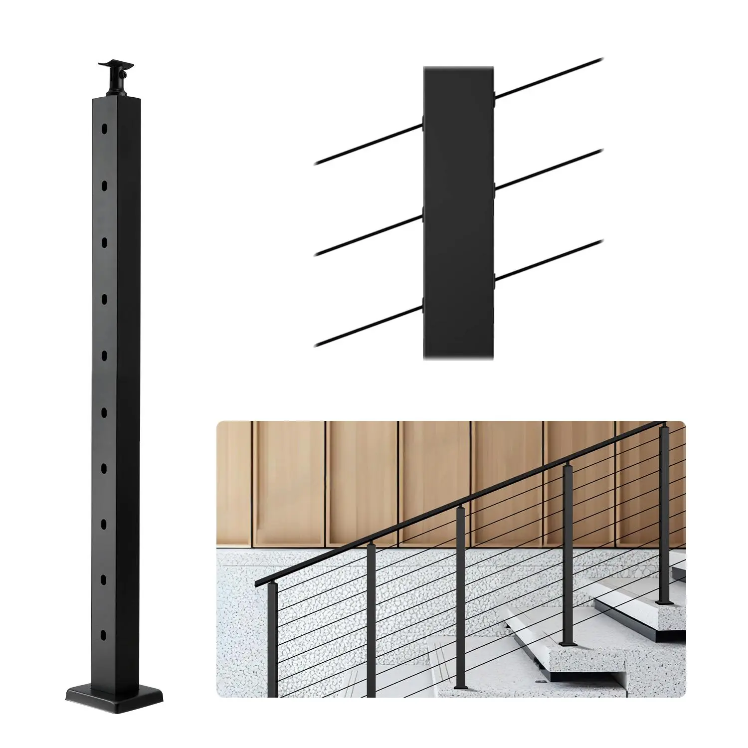 VEVOR Cable Railing Post,  36x2x2 Inch Stair Railing Post, with Pre-Drilled 30° Angled Holes, Stainless Steel Cable Rail Post with Horizontal and Curved Bracket, 1-Pack, Black, 1JZLGZXHS914YIVIS001V0#BackToSchool