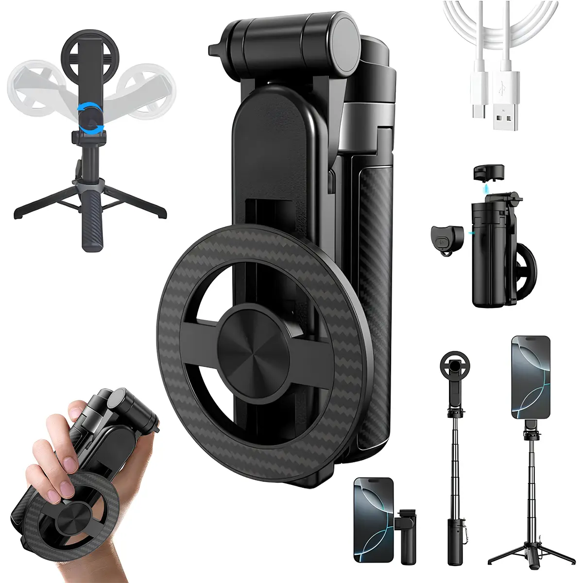 JODIUKIU Magnetic Selfie Stick Tripod for iPhone & Android, 4-in-1 Foldable Phone Stand with 360° Rotation, Handheld Grip, Vlogging Stabilizer, Portable Camera Tripod Accessory