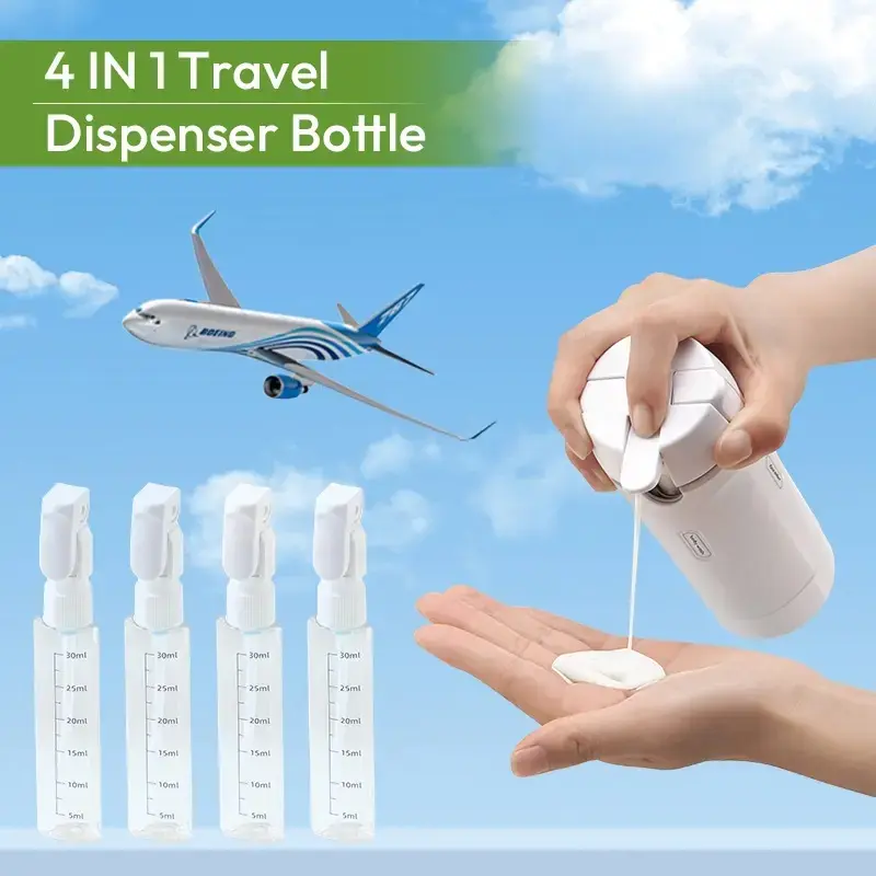 4-in-1 Leak-Proof Refillable Silicone Squeeze Travel Dispenser Bottle with Lock - Compact Shape Storage Bottles & Jars, Lightweight Plastic Toiletry Organizer for Cosmetic, Easy to Carry for Travel Use, Business Trips