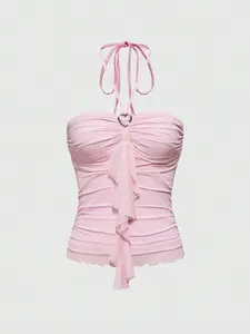 INAWLY  Kawaii Women's Heart Decor Ruched Splice Tie Neck Fitted Camisole