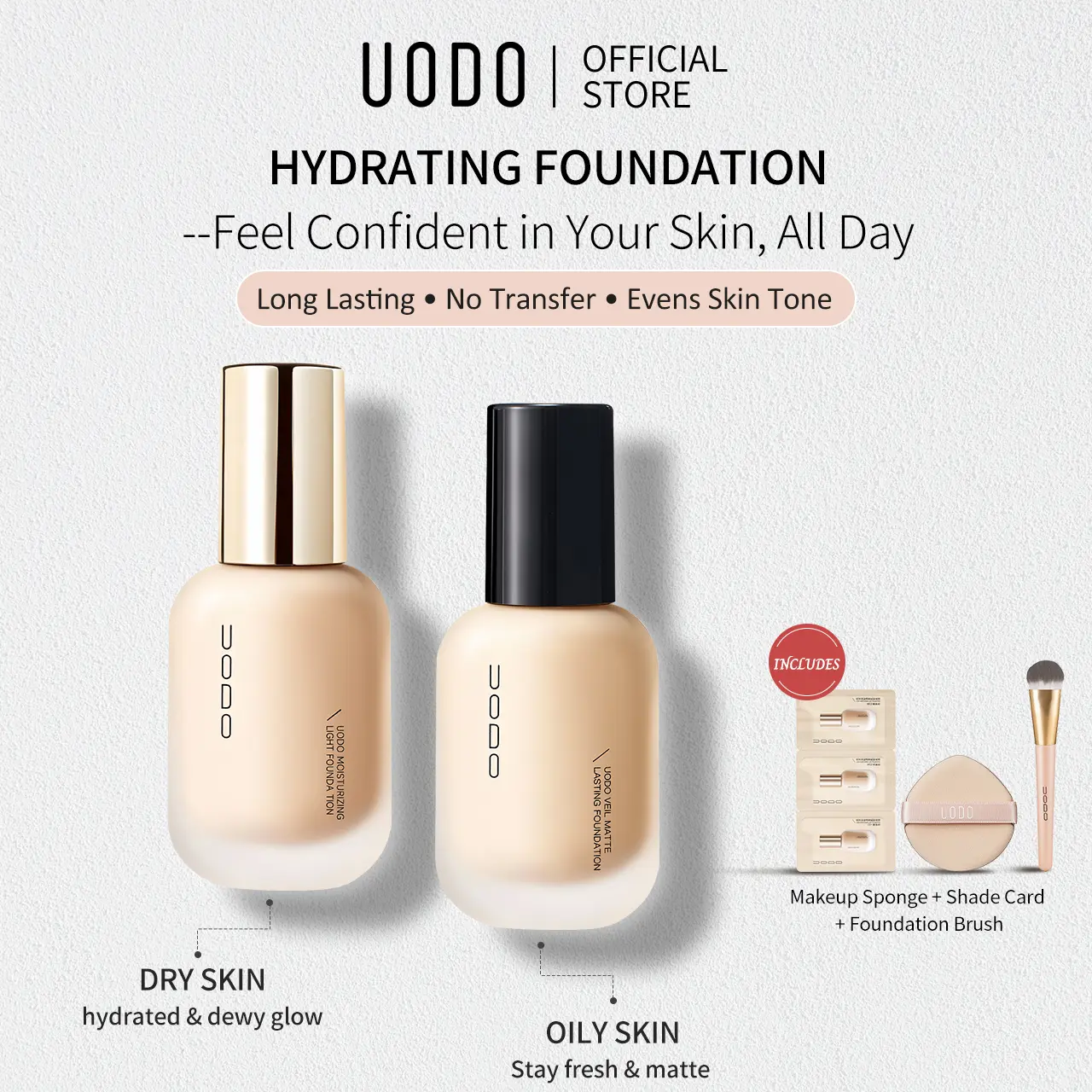 UODO Liquid Foundation - Dewy Flawless Foundation, Concealer, Flawless Makeup, Oil Control, Long-Lasting, Transfer-Proof, Lightweight Breathable Full Coverage, Youth-Enhancing Face Cosmetic, Bottle-Packaged, Free Gift Included