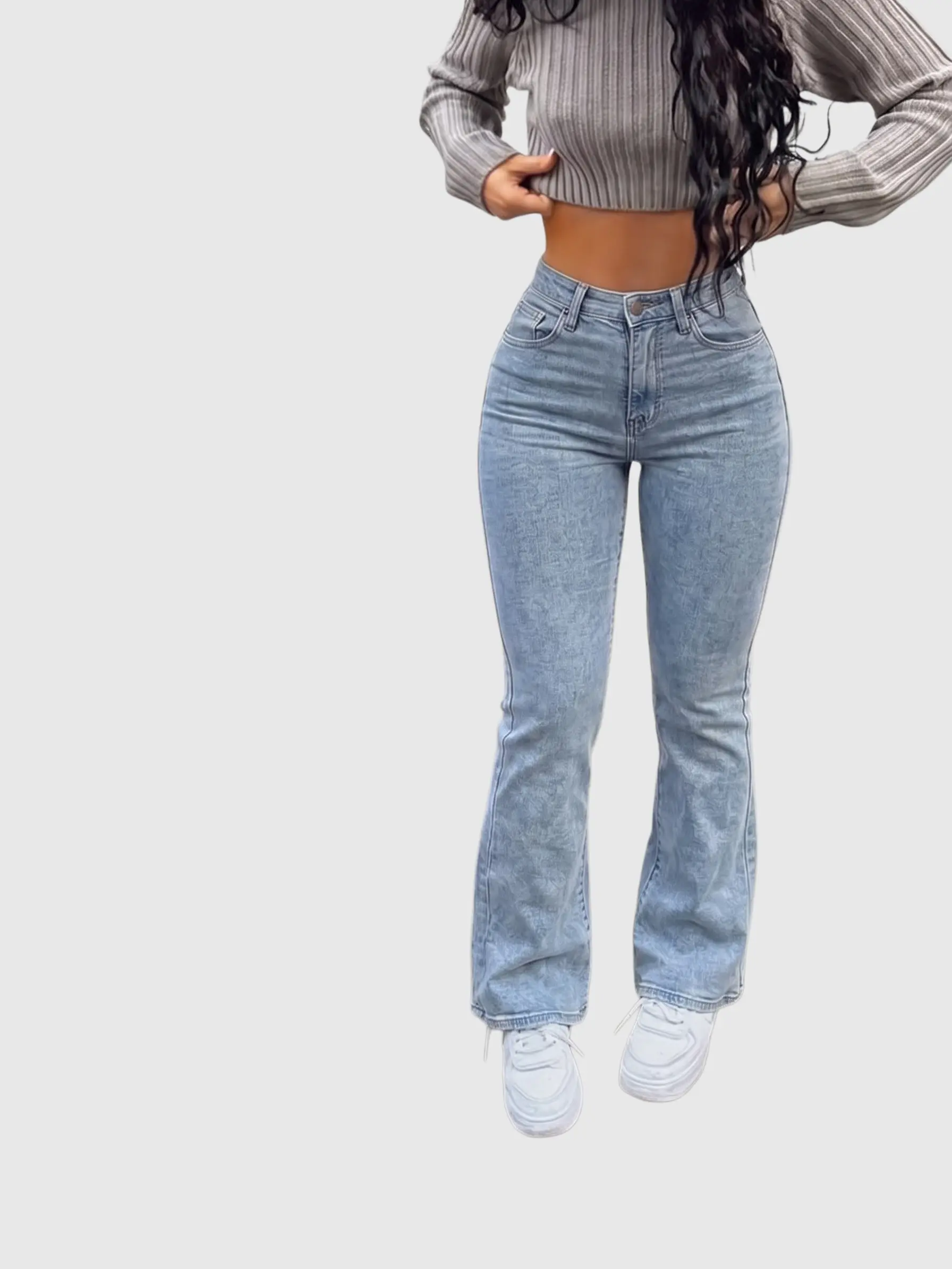 Women’s high-waisted slight flare jeans, stretchy bootcut pants — light wash flared pants, fashionable trendy casual street style daughter outfit Stretch Denim