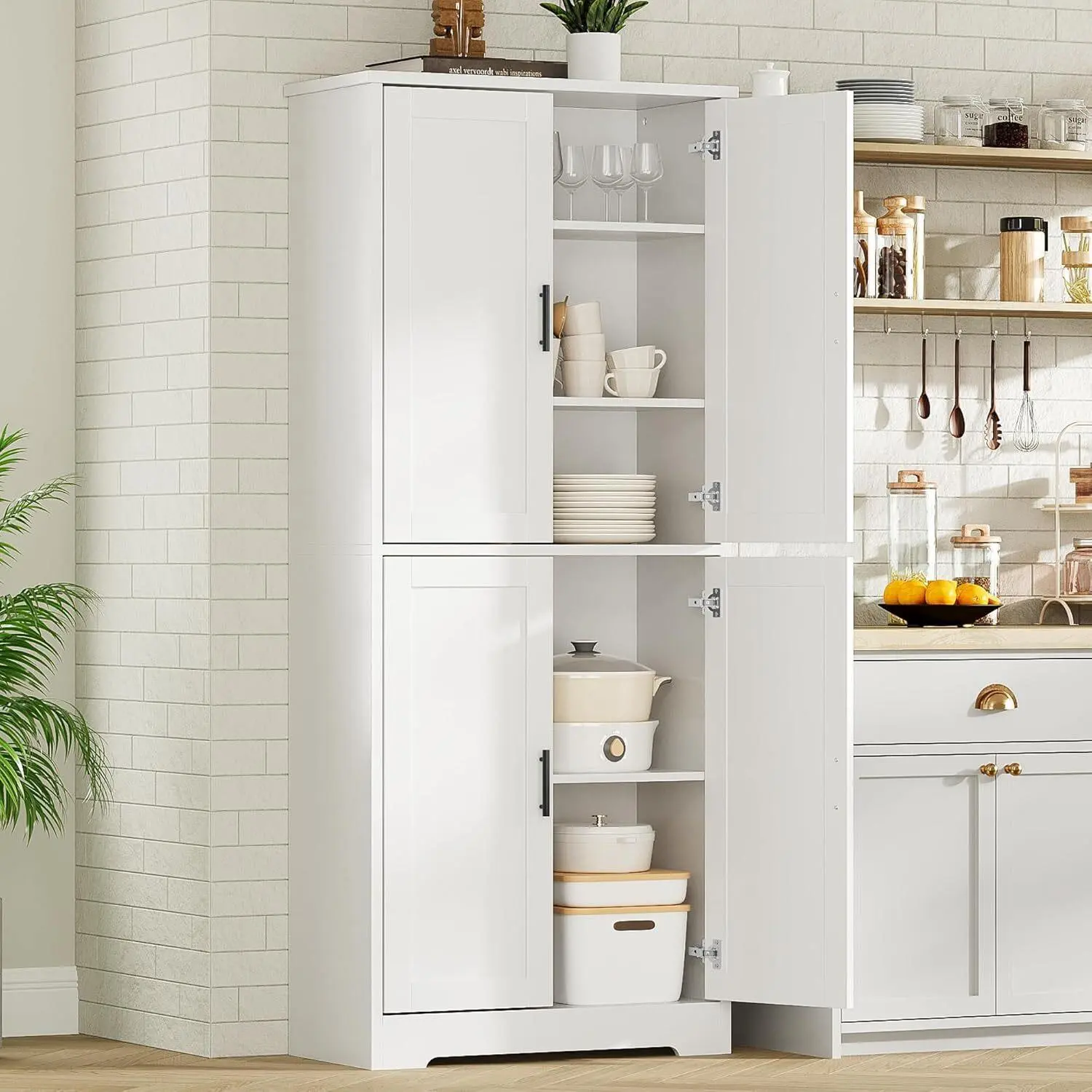 GARVEE 70in Tall Kitchen Pantry Cabinet, Freestanding Storage Cabinet with 4 Doors and Adjustable Shelves, for Dining Room,Living Room (Black)