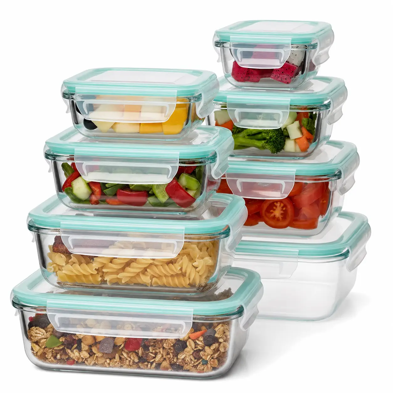8-Piece BPA-Free Borosilicate Glass Food Storage Containers with Silicone Airtight Leak-Proof Lids, Stackable Microwave & Dishwasher Safe Kitchen Canisters for Snack, Produce Storage, Fridge, Home Organization, Lunch at Work, Produce Storage Containers