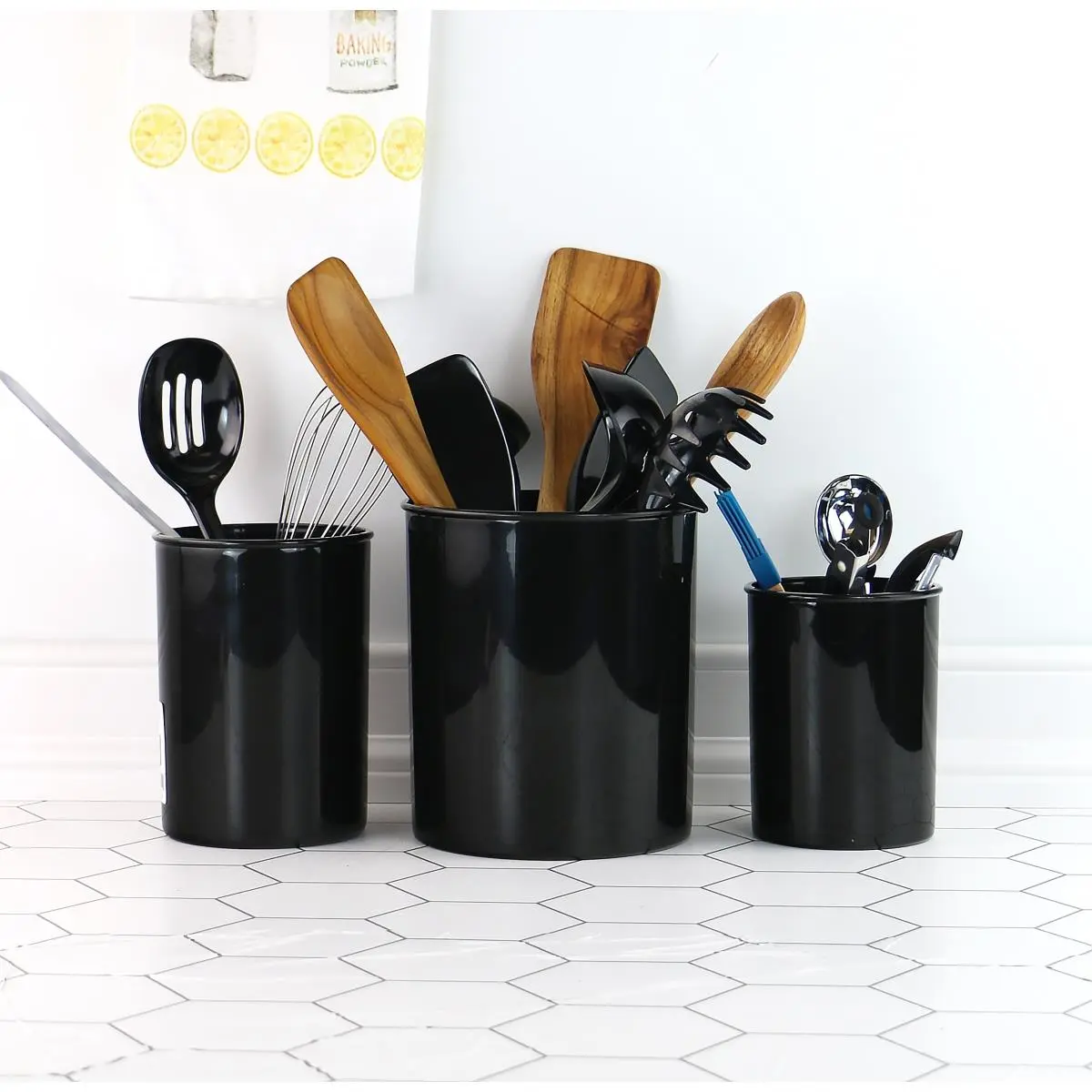 3pc Plastic Kitchen Utensil Storage Set, Black Knife Block & Kitchenware Organizer