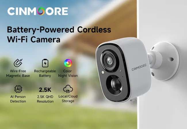 Produktintroduksjon av 【2026 STORT SALG】CINMOORE Magnetisk Trådløst Kamera for Utendørs/Innendørs Bruk 2.5K Gratis Installasjon Smart Garage 2.4G WI-FI Sikkerhetskamera - HD-Video, Nattsyn, Bevegelsesdeteksjon, Magnetisk, Wi-Fi, Toveis Lyd, Smarttelefonkontrolllinse 6