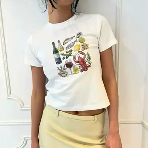 European Vibe Coastal Seafood Baby Tee, Wine & Lemons Tee, Women Y2k Crop Tee