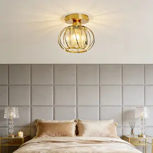 Modern Rose Gold Crystal Semi-Recessed Ceiling Light Featuring An Industrial Metal Cage Frame Compatible With E26 Sockets Includes A Complete Set of Installation Accessories  Suitable Versatile Indoor Lighting In Various Setting Nightlight For Bedroom