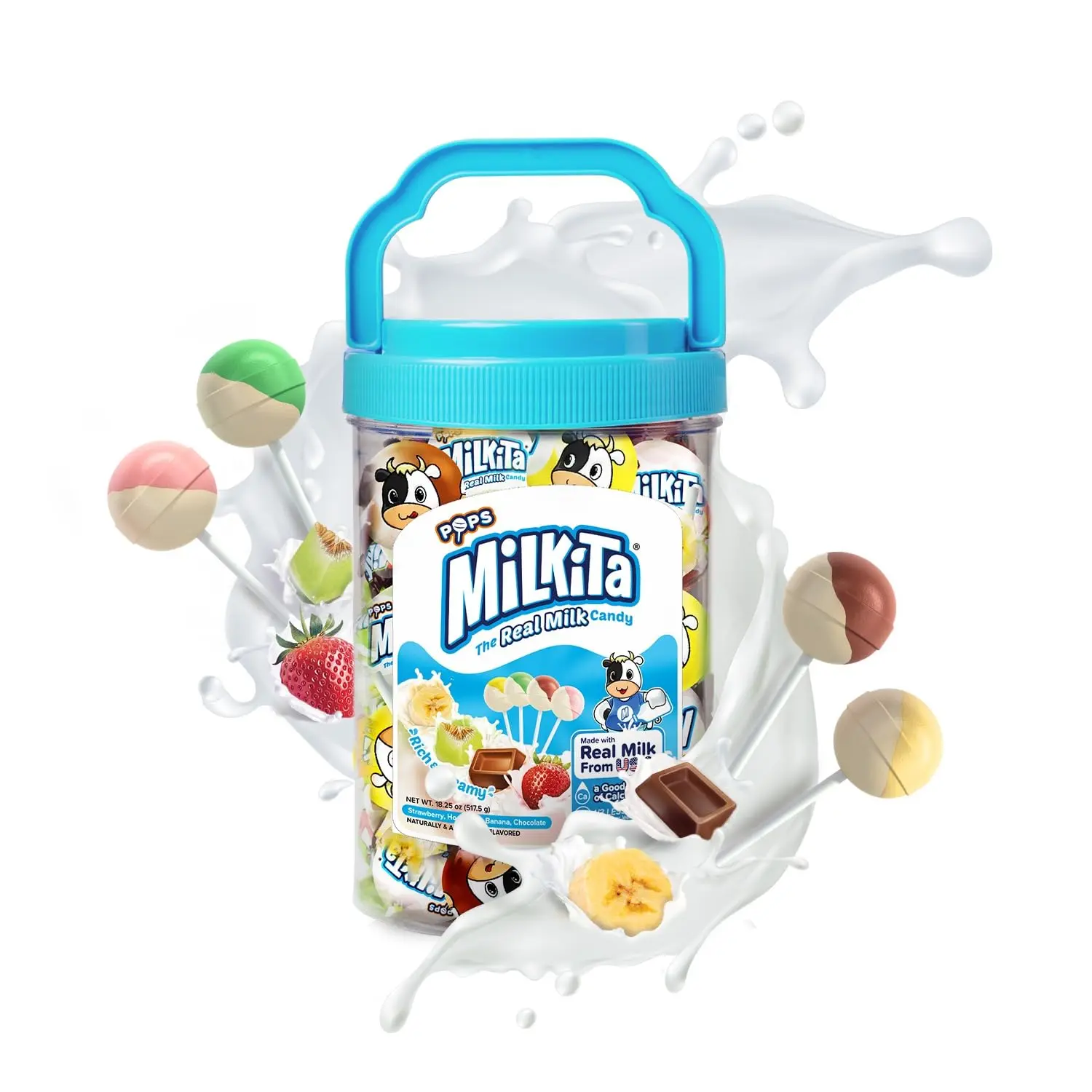 Milk Candy Lollipop Jar (45 ct): Milkita Assorted Healthy Candy for Adults & Kids – Calcium-Rich Treats Made with Real Milk – Gluten-Free, Fat-Free, & Low-Sugar Snacks (Chocolate, Strawberry, Banana, & Honeydew)