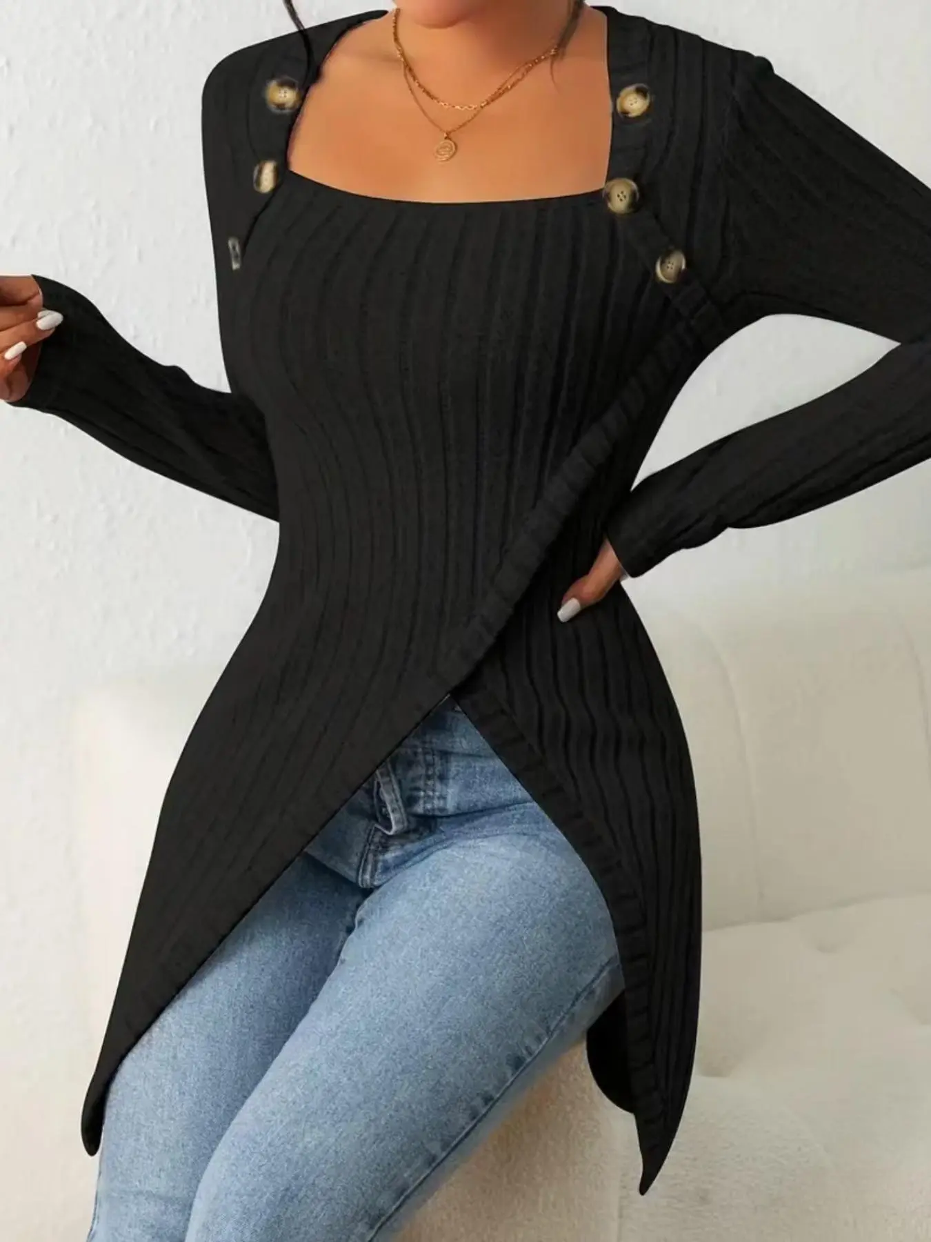Women's Fall Winter Square Neck Long Sleeve Fitted Knit Dress, Vintage French Button Knit Top, Asymmetrical Hem, Casual Style, Knitwear