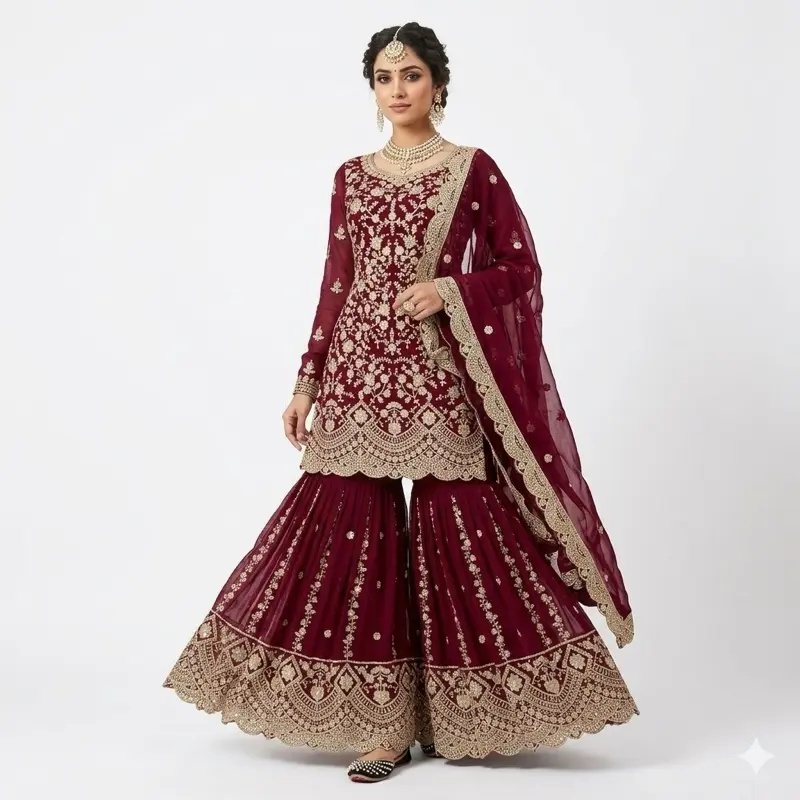 Red sharara beautiful embroidery party wear Panjabi Womenswear Elegant Formal Style Elegant Formal Dress Long Sleeve Original