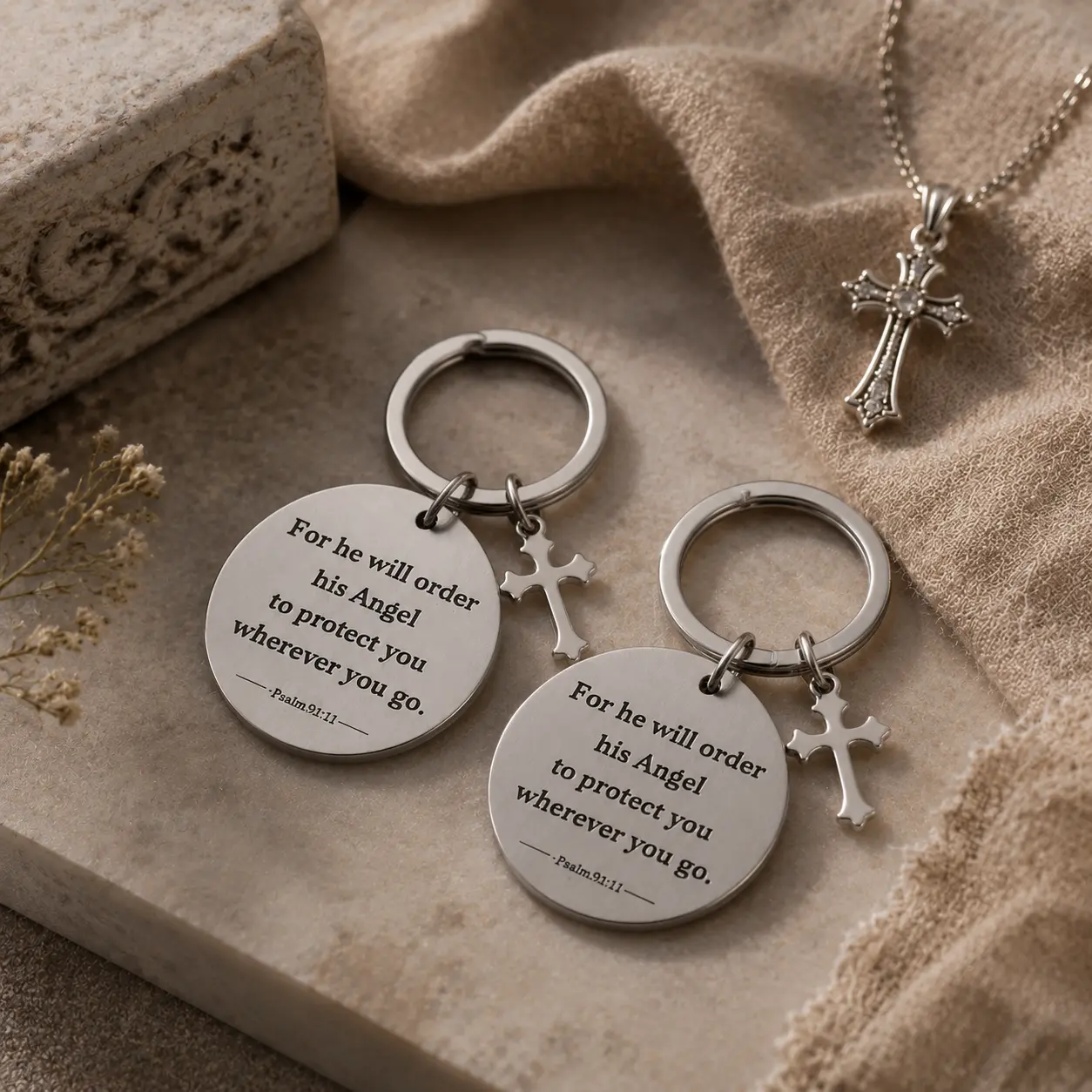 “For He Will Order His Angels to Protect You” Cross Keychain, Stainless Steel Religious Keychain, Inspirational Faith Gift for Men & Women