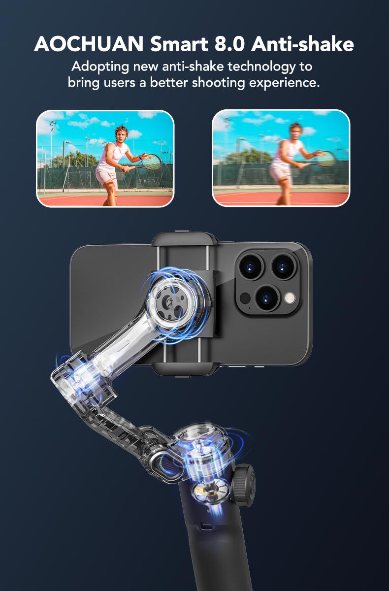 AOCHUAN Gimbal Stabilizer for iPhone, 3-Axis Smartphone Gimbal Built in 7.8' Extension Rod, Portable Gimbal Stabilizer w/OLED Display for iPhone/Android, Perfect for TikTok YouTube Vlogging-Smart X2-2