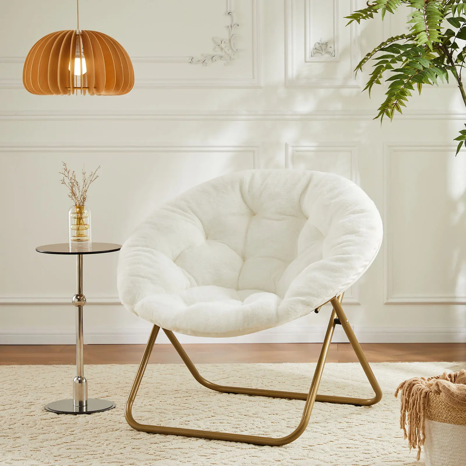 Aesthetic X-Large Faux Fur Saucer Chair - Soft Padded Portable Chair with Metal Frame, Folding Storage Seat for Teens, Ideal for Bedroom Living Room
