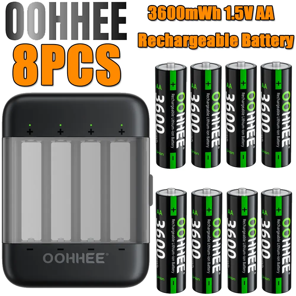Rechargeable AA Batteries Lithium with Charger,8-PCS AA 3600mWh Lithium Batteries 1.5V,with Fast Charger, Rechargeable High Capacity AA Battery, Cycle Times up to 1200x